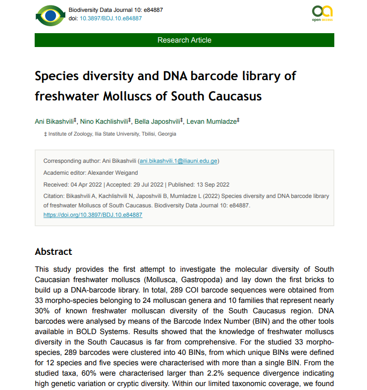 Species diversity and DNA barcode library of<br>freshwater Molluscs of South Caucasus