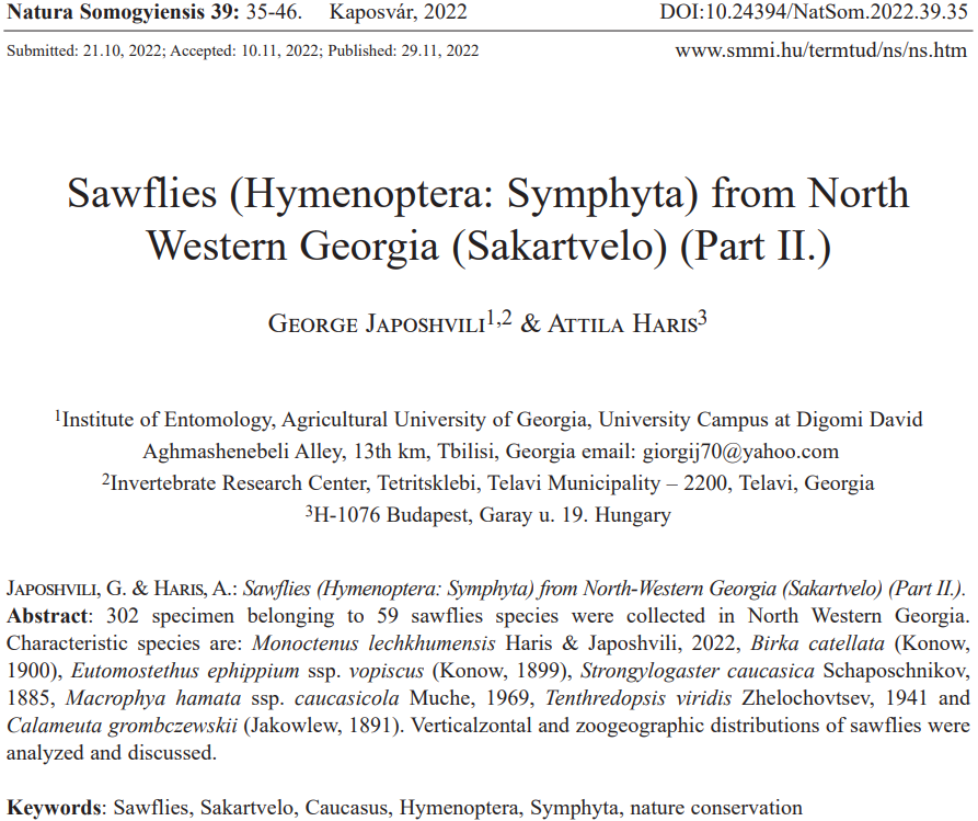 Sawflies (Hymenoptera: Symphyta) from North Western Georgia (Sakartvelo) (Part II.)
